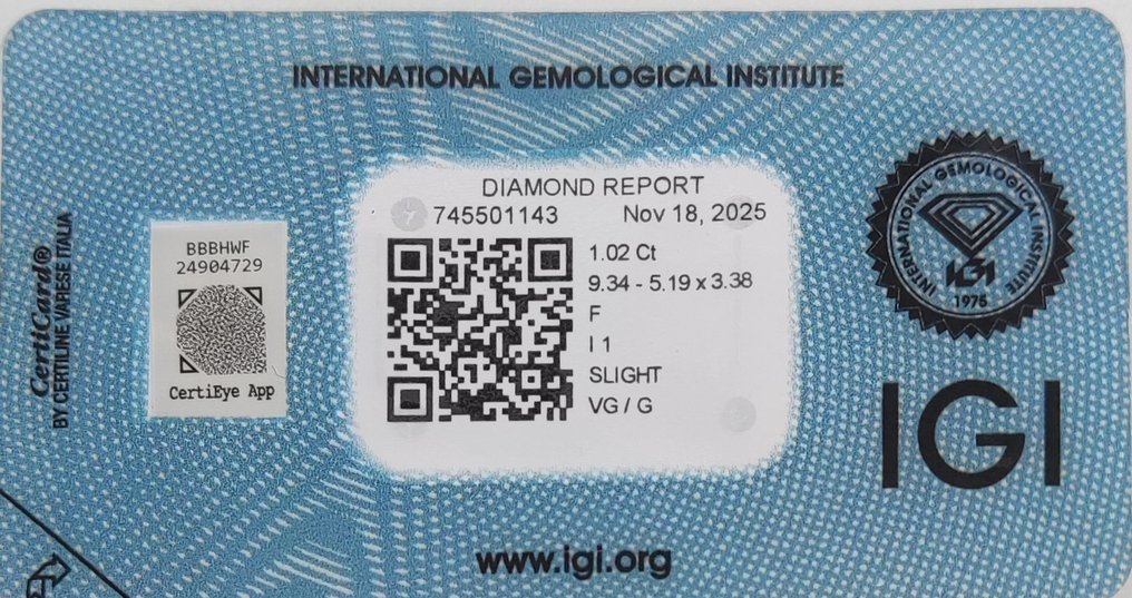 没有保留价 - 1 pcs 钻石  (天然)  - 1.02 ct - 榄尖形 - F - I1 内含一级 - 国际宝石研究院（IGI） #2.1