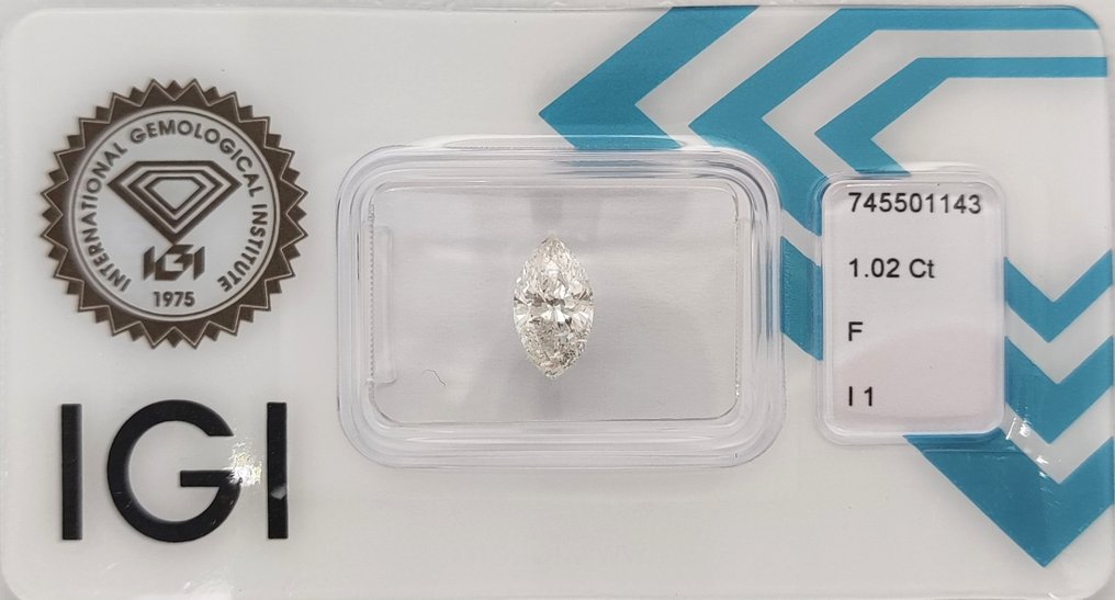 没有保留价 - 1 pcs 钻石  (天然)  - 1.02 ct - 榄尖形 - F - I1 内含一级 - 国际宝石研究院（IGI） #1.0