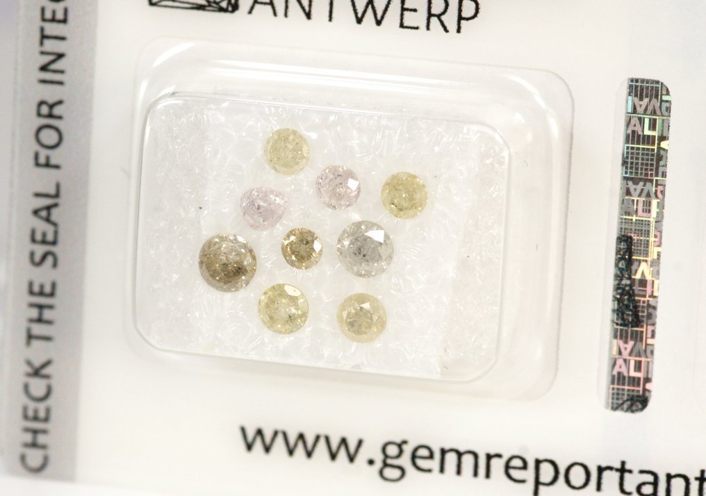 Sin precio de reserva - 9 pcs Diamante (Color natural) - 1.05 ct - Redondo - Light, Faint Amarillento, Grisáceo Gris - I3 - Gem Report Antwerp (GRA) #1.0