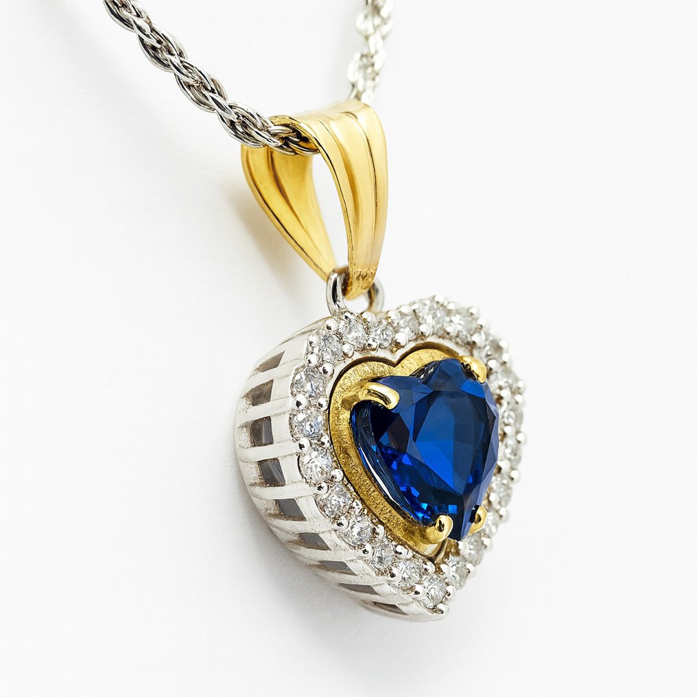 Sans prix de réserve - Collier avec pendentif - 18 carats Or jaune, Argent - 1.03ct. tw. Saphir - Diamant #3.2