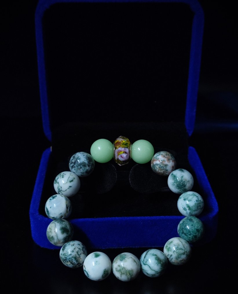 独家款式美丽的苔藓玛瑙配两块方解石和中心的穆拉诺珠手链，配有礼品盒。 - 手镯 #1.0