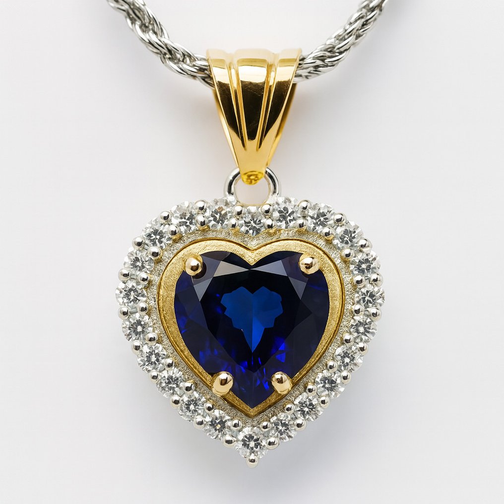 Sans prix de réserve - Collier avec pendentif - 18 carats Or jaune, Argent - 1.03ct. tw. Saphir - Diamant #1.0