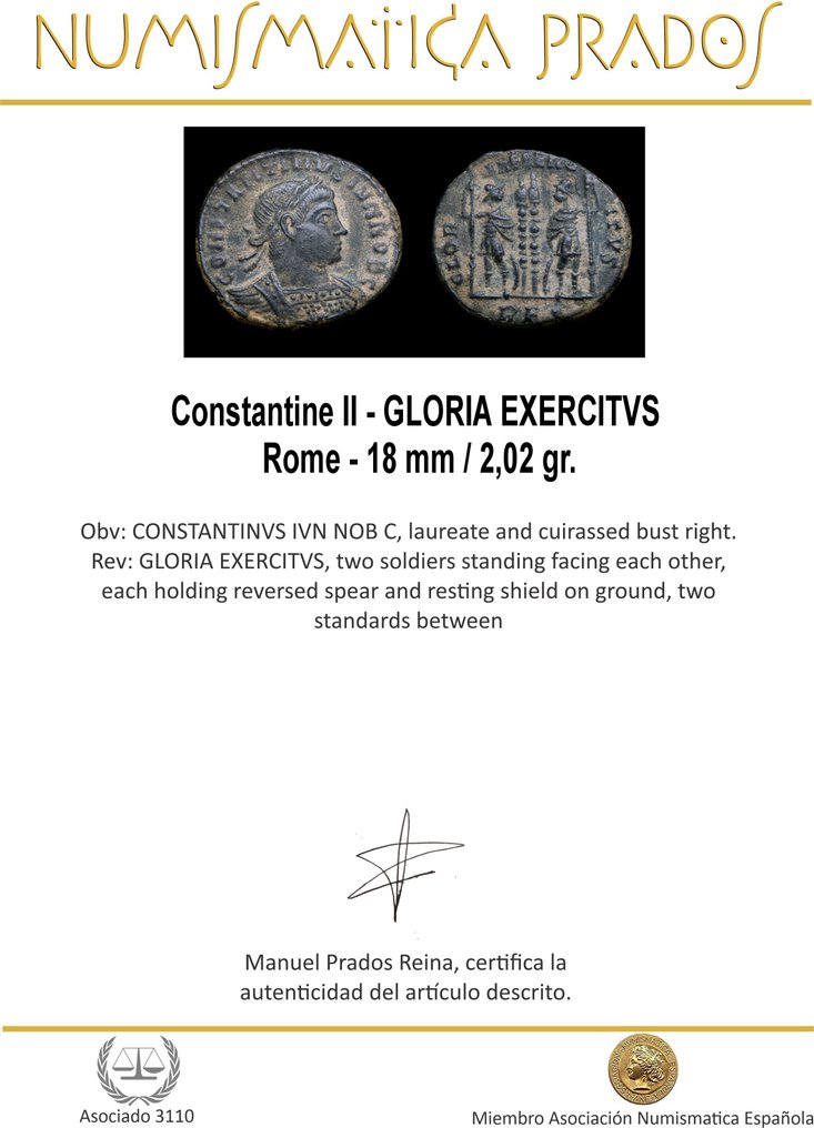 Ρωμαϊκή Αυτοκρατορία. Constantine II, Caesar, AD 316-337. Centenionalis GLORIA EXERCITVS, Rome (χωρίς τιμή ασφαλείας) #1.0
