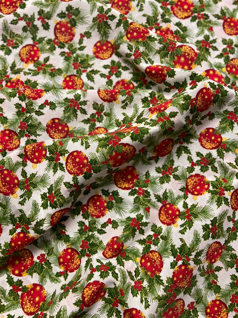 Julestoff med einerblad og julekuler. - Tekstil - 280 cm - 250 cm #3.2