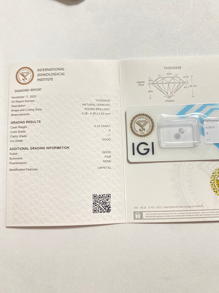 没有保留价 - 1 pcs 钻石  (天然)  - 0.33 ct - 圆形 - F - I1 内含一级 - 国际宝石研究院（IGI） #4.3