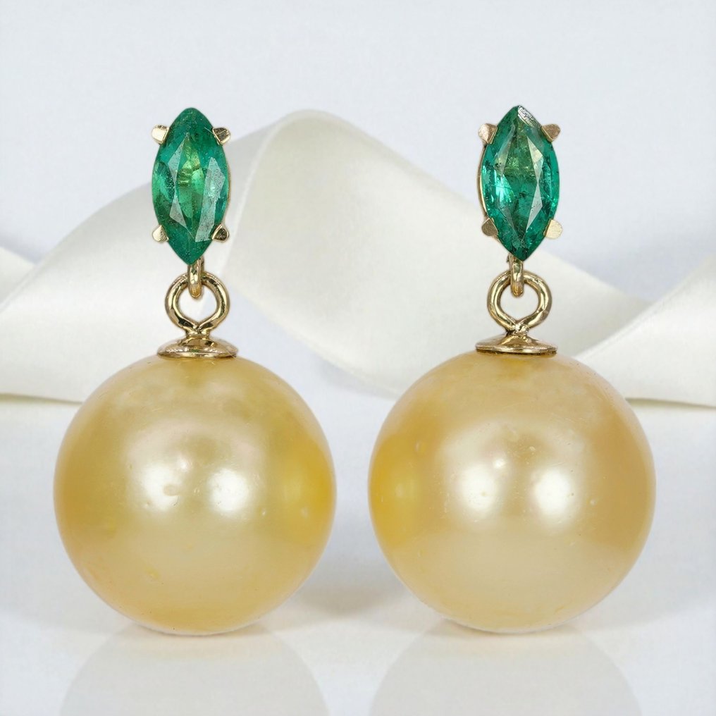 沒有保留價 - 耳環 - 14 克拉 黃金 祖母綠 - 珍珠 - 翡翠和南海珍珠 #1.0