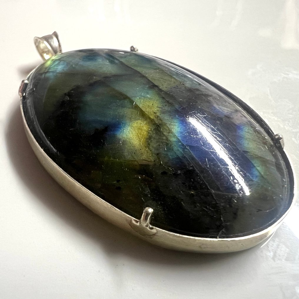 Labradorite Pingente de Prata Labradorite com 78 Carats e Combinações de Cores Incríveis - Altura: 50 mm - Largura: 26 mm- 15.6 g - (1) #3.2