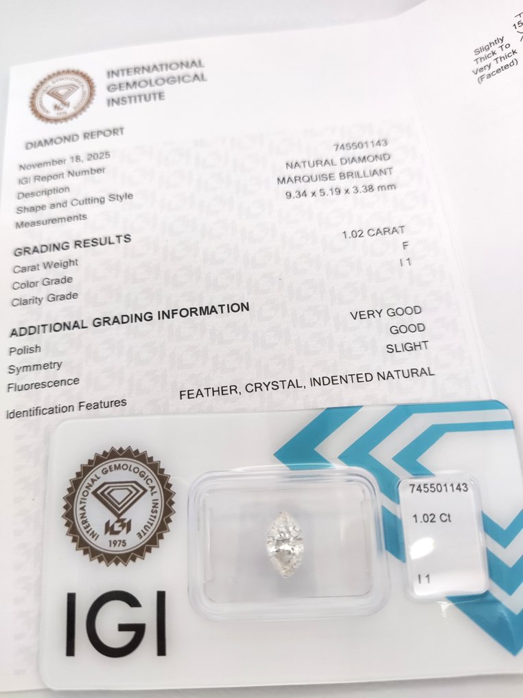 没有保留价 - 1 pcs 钻石  (天然)  - 1.02 ct - 榄尖形 - F - I1 内含一级 - 国际宝石研究院（IGI） #3.2