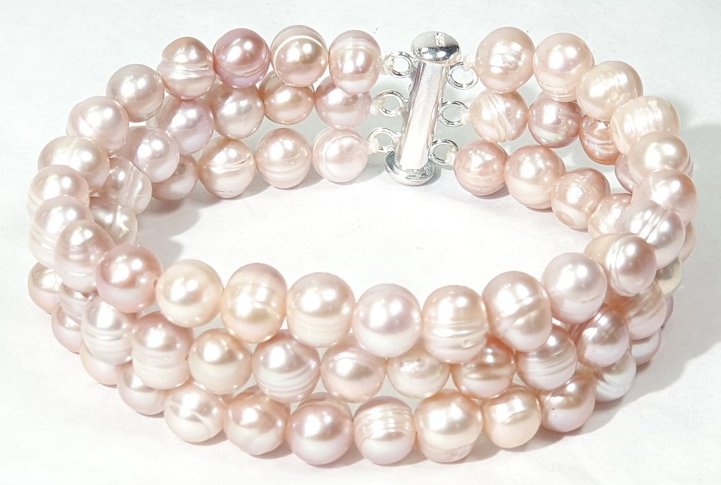 天然淡水粉色珍珠 - 3圈 - 一等品质 - 平静与安宁 - 925纯银 - 手镯 #1.0