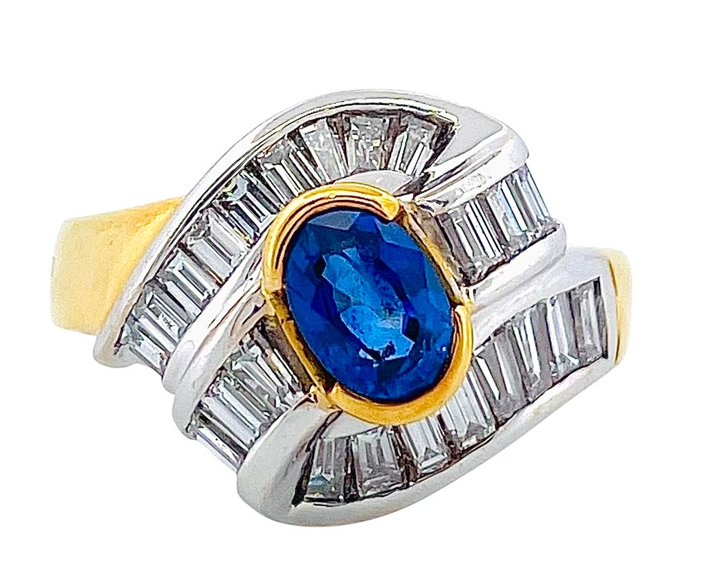 戒指 - 18K包金 黄金, 白金 蓝宝石 - 钻石 #1.0