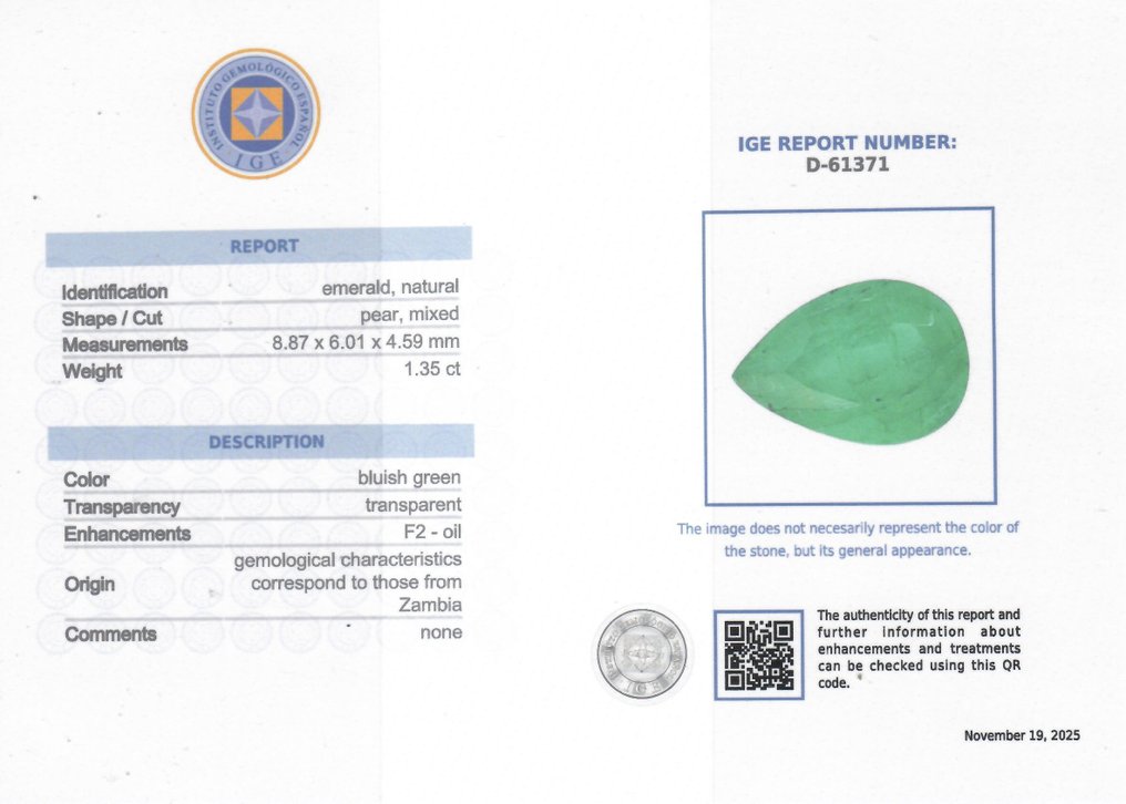 1 pcs Green Emerald - 1.35 ct - Instituto Gemólogico Español (IGE) #2.1