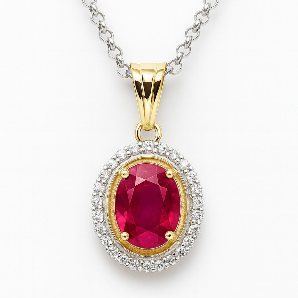 Fără preț de rezervă - Colier cu pandantiv - 18 ct. Aur galben, Argint - 1.57ct. tw. Rubin - Diamant #3.2