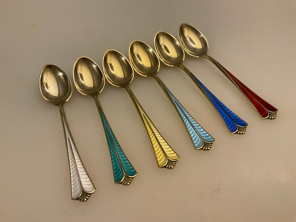 David Andersen - Cucchiaino da tè (6) - Set di 6 cucchiaini in argento sterling norvegese placcato smaltato, in scatola con scomparti - Argento Sterling 925 #1.0