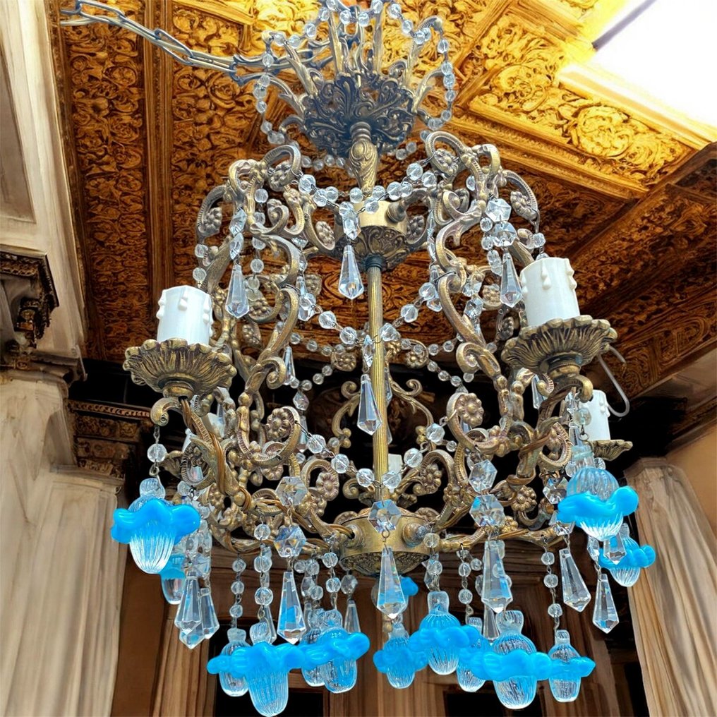 Πολυέλαιος - Τουρκουάζ από Murano, 5 φώτα, κρύσταλλοι και οπάλινες λουλούδια. #1.0