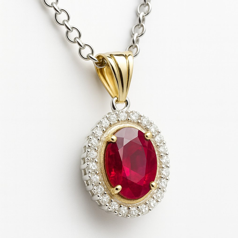 Fără preț de rezervă - Colier cu pandantiv - 18 ct. Aur galben, Argint - 1.57ct. tw. Rubin - Diamant #1.0