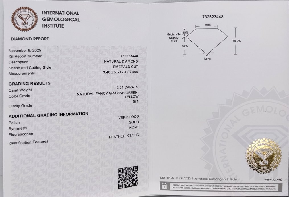 没有保留价 - 1 pcs 钻石  (天然色彩的)  - 2.21 ct - Fancy 稍帶灰色的, 稍帶綠色的 黄色 - SI1 微内含一级 - 国际宝石研究院（IGI） #4.3