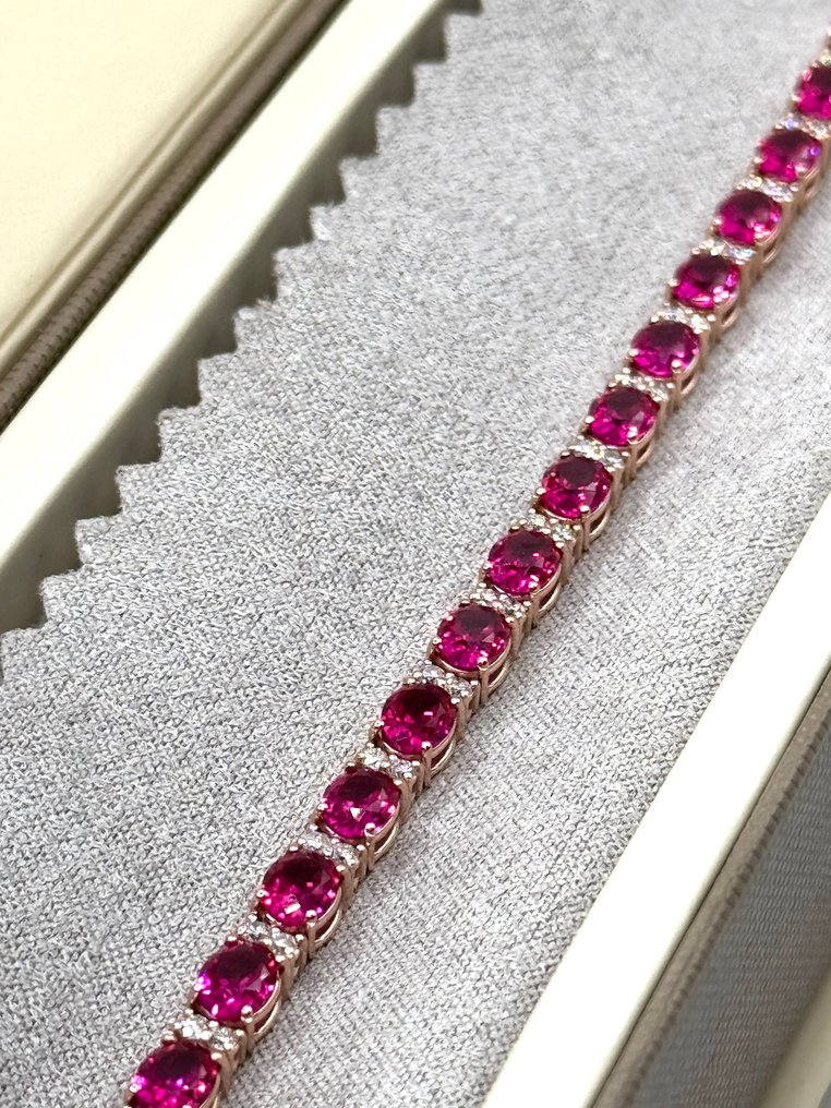网球手链 - 18K包金 玫瑰金 -  10.00ct. tw. 红宝石 - 钻石 #3.2