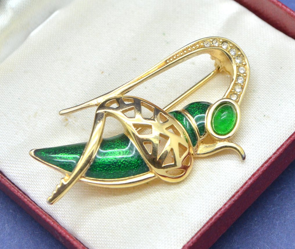 Christian Dior - Rare Vintage Green Enamel Poured Glass Goldtone Grasshopper - Brooch #4.3