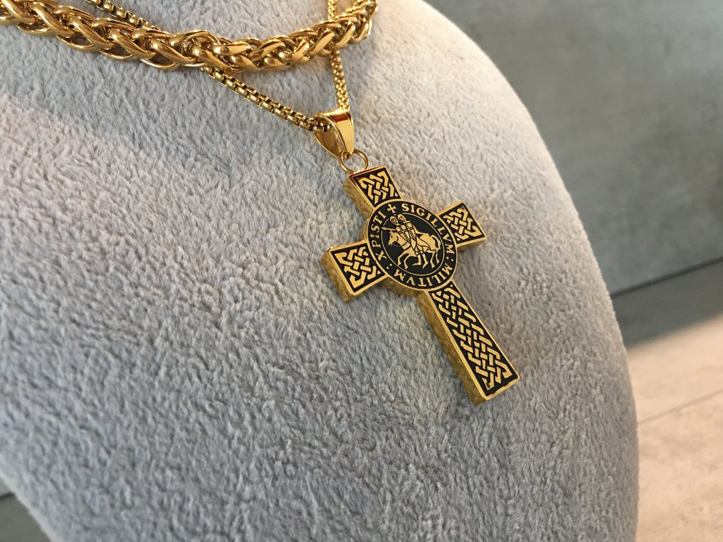 AJS - Cruz da Medalha dos Cavaleiros Templários, Crest do Selo Croix e Corrente Dupla, - Colar com pingente #2.1