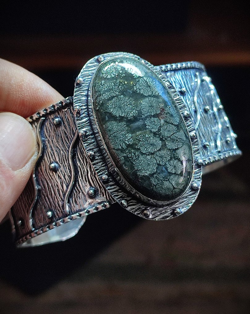 无底价 美丽一流品质花朵黄铁矿手工银手链 免运费 - 手鈪 #2.1