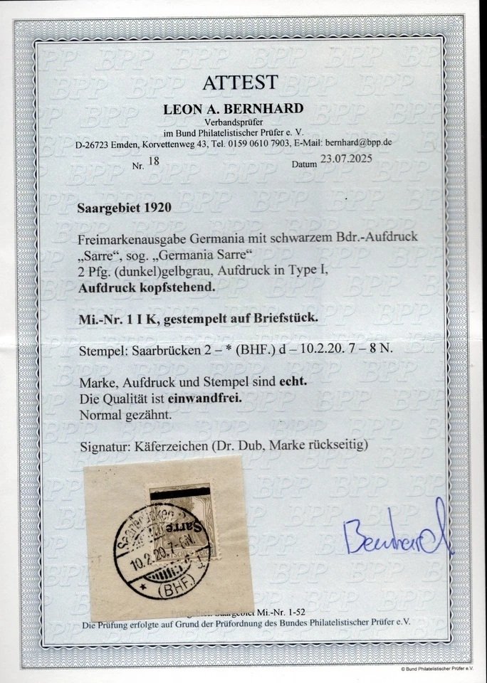 Sarre - Sarre N°1a, 1 I K, fordított felár, lezárt, ritka és kiváló. Igazolás. - Yvert 1a, Michel 1 I K #1.0