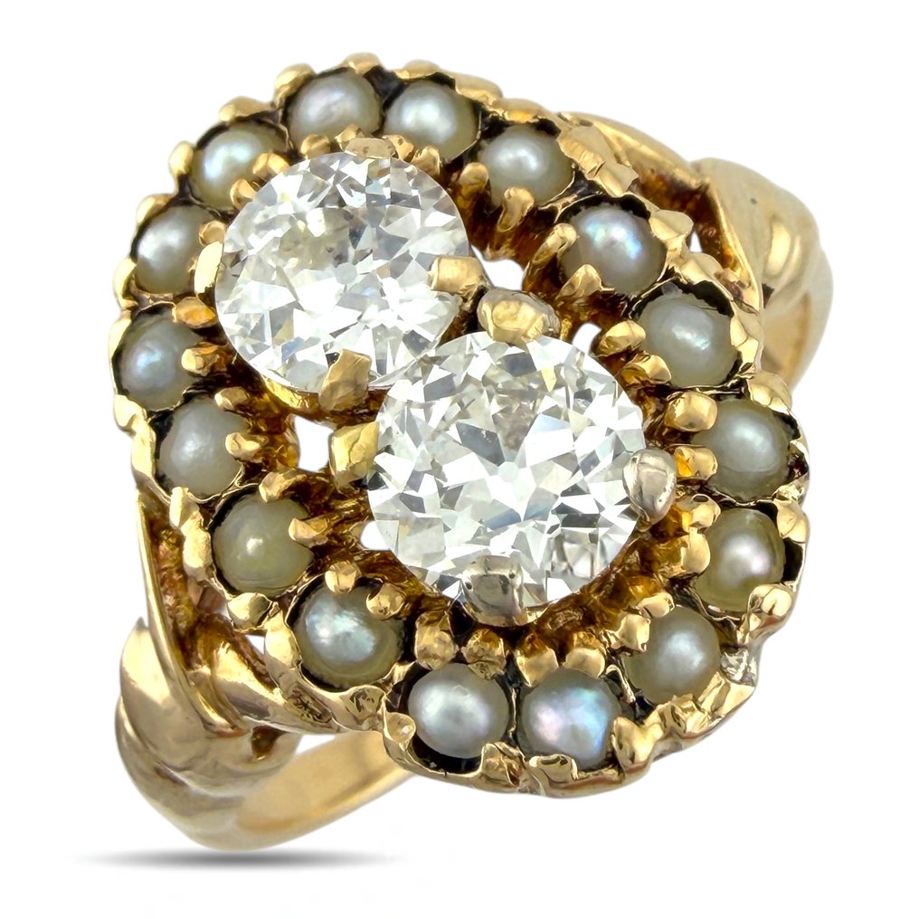 Gyűrű - 10 Kt Sárga arany, Exkluzív sárga arany 1,00 karátos gyémánt és gyöngy gyűrű - 1.00ct. tw. Gyémánt (Természetes) #1.0