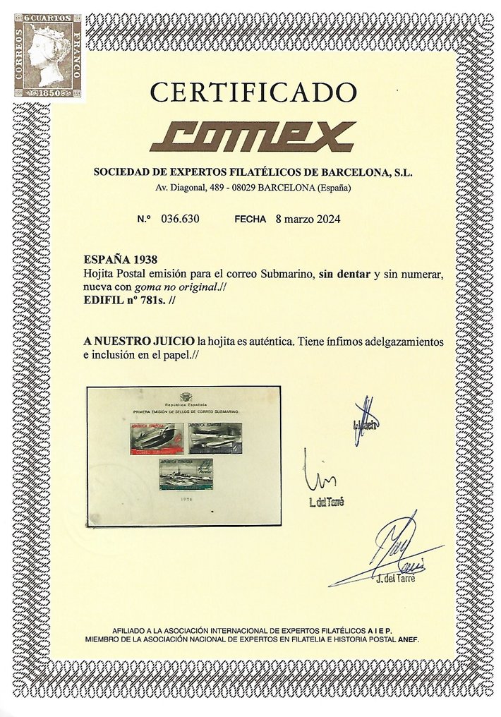 Ισπανία 1938 - Ράριζιμα οχίτα του υποβρυχίου χωρίς δόντια πιστοποιητικό comex. - edifil 781s #2.1