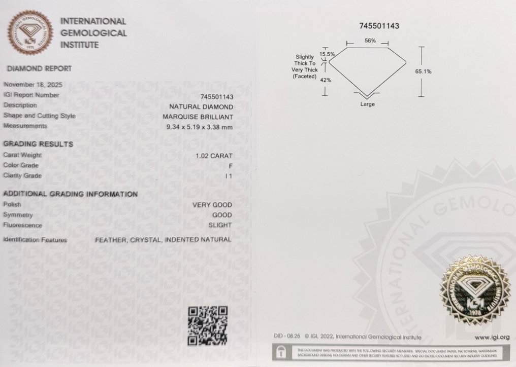 没有保留价 - 1 pcs 钻石  (天然)  - 1.02 ct - 榄尖形 - F - I1 内含一级 - 国际宝石研究院（IGI） #4.3