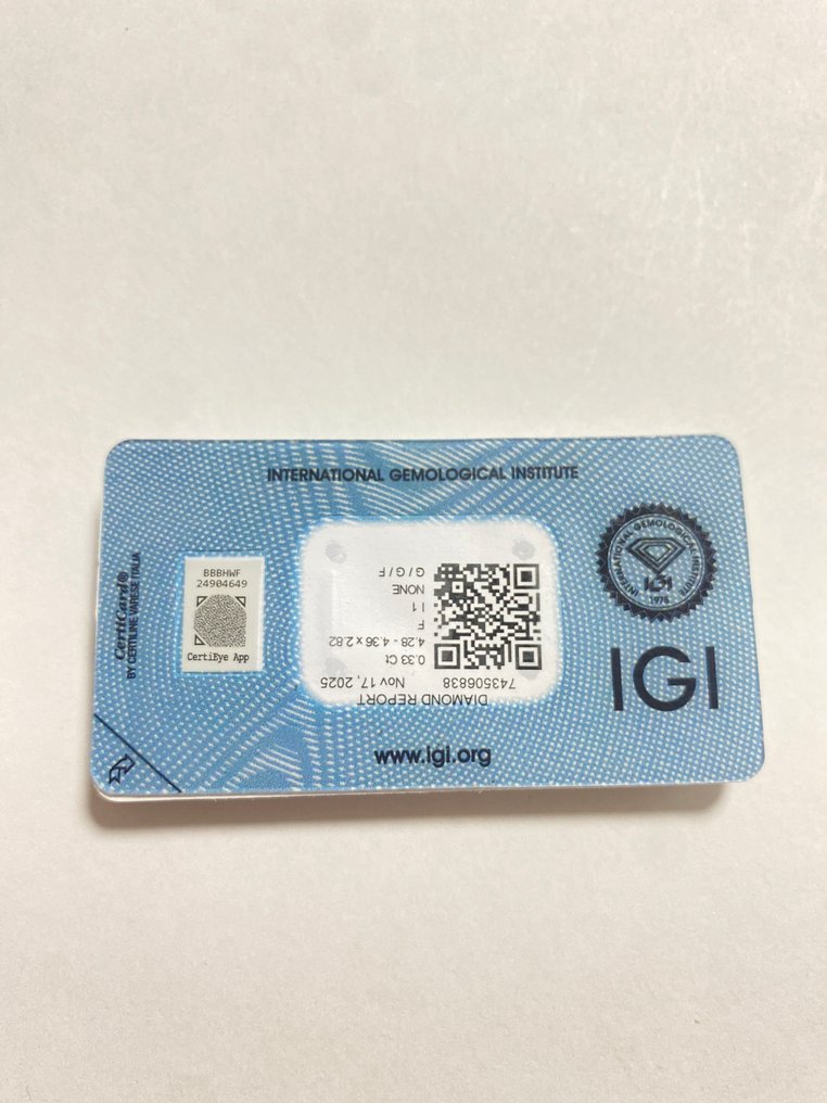 没有保留价 - 1 pcs 钻石  (天然)  - 0.33 ct - 圆形 - F - I1 内含一级 - 国际宝石研究院（IGI） #2.1