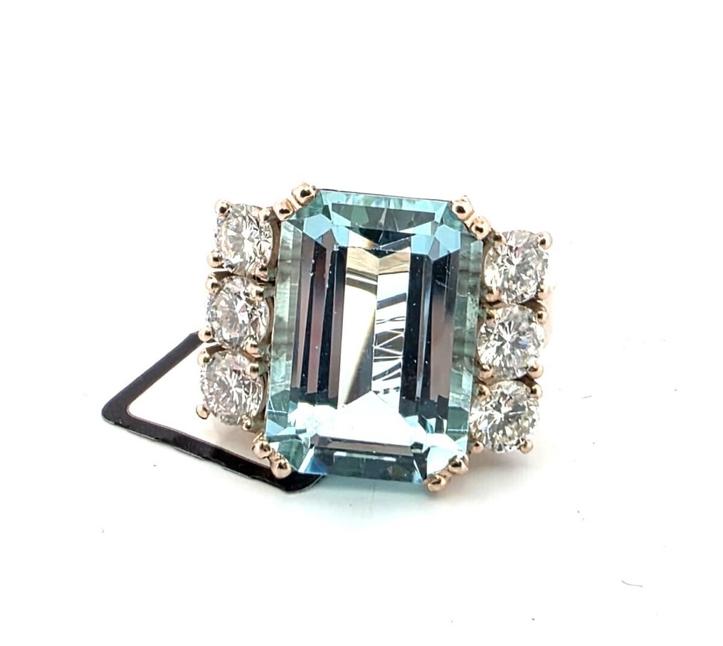 戒指 - 18K包金 白金 -  6.30ct. tw. 海蓝宝石 - 钻石 #1.0