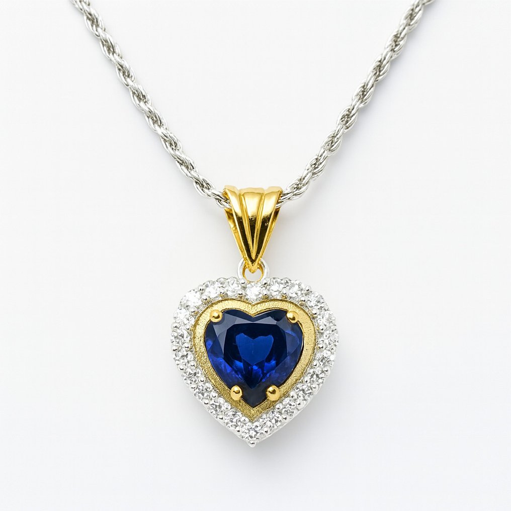 Sans prix de réserve - Collier avec pendentif - 18 carats Or jaune, Argent - 1.03ct. tw. Saphir - Diamant #2.1