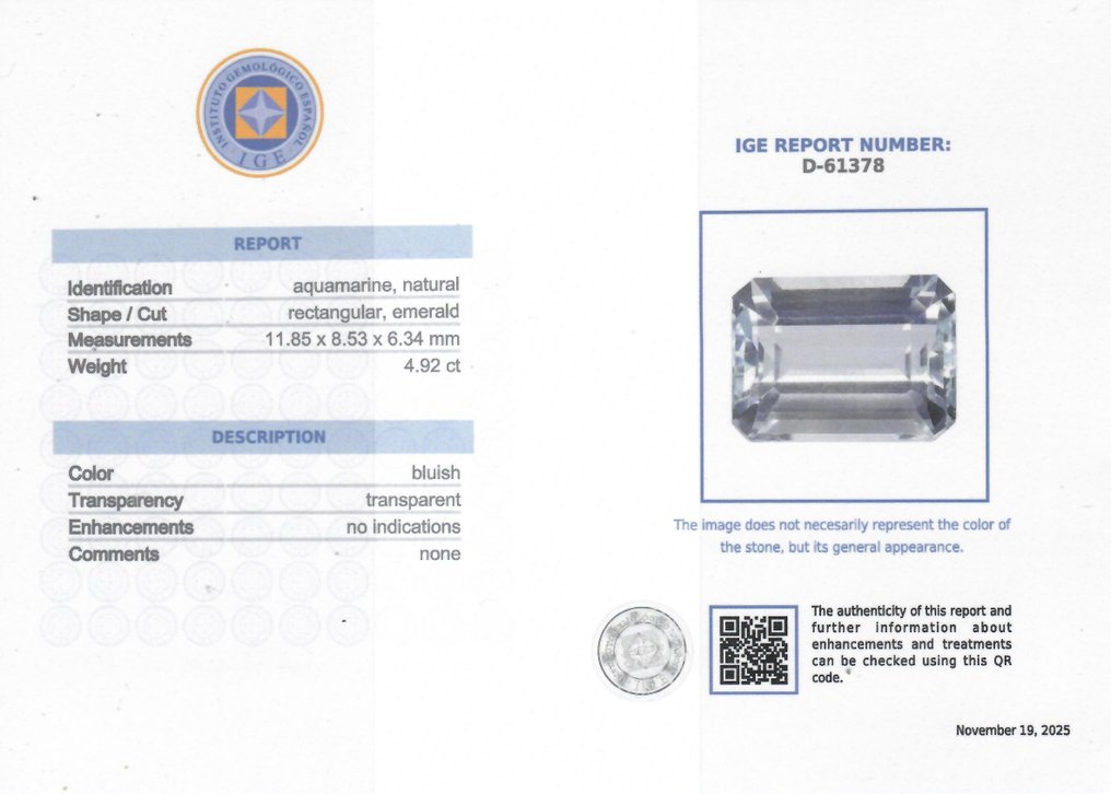 1 pcs  Ακουαμαρίνης  - 4.92 ct - Instituto Gemólogico Español (IGE) - Χωρίς θεραπεία #2.1