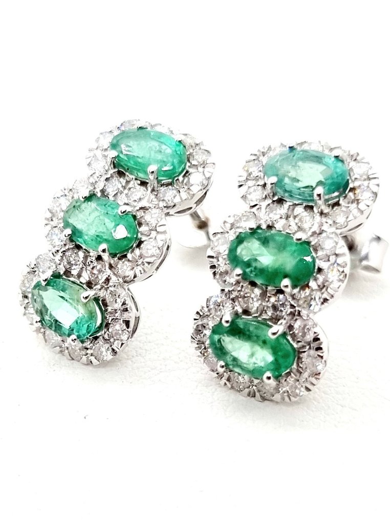 耳环 - 18K包金 白金 祖母绿 - 钻石 #4.3