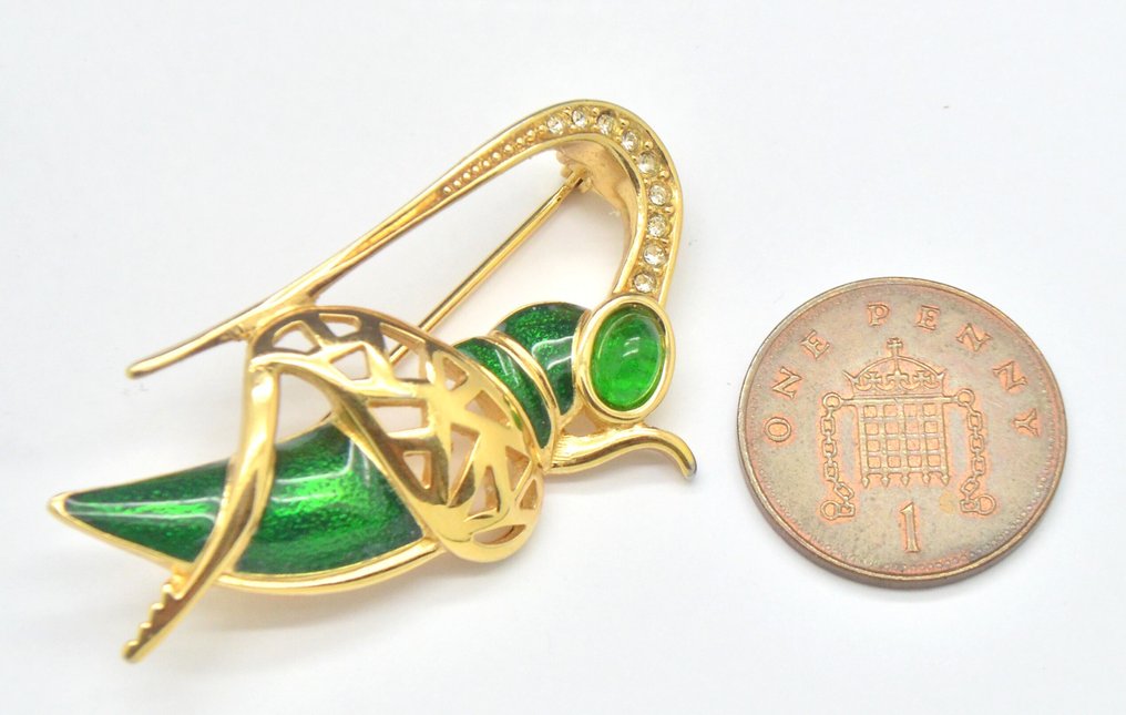 Christian Dior - Rare Vintage Green Enamel Poured Glass Goldtone Grasshopper - Brooch #1.0
