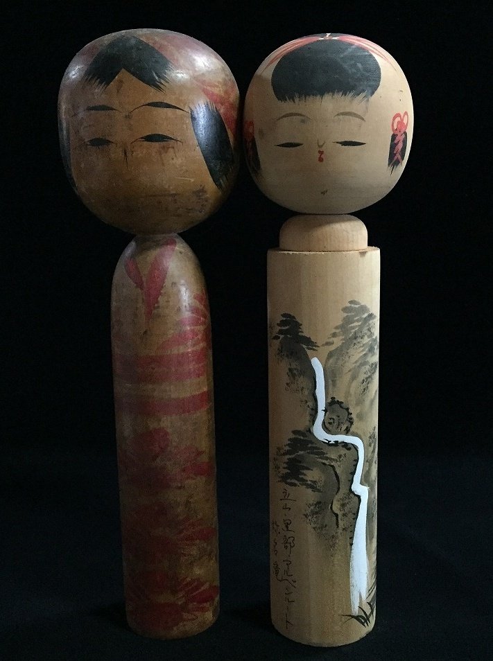 一套两件日本复古木制Kokeshi娃娃（高29厘米） - 木 - Signed - 日本 - Shōwa period (1926-1989) #1.0