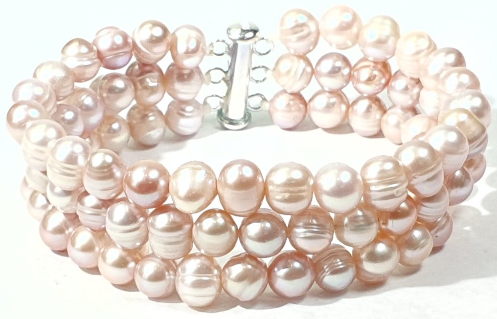 天然淡水粉色珍珠 - 3圈 - 一等品质 - 平静与安宁 - 925纯银 - 手镯 #4.3