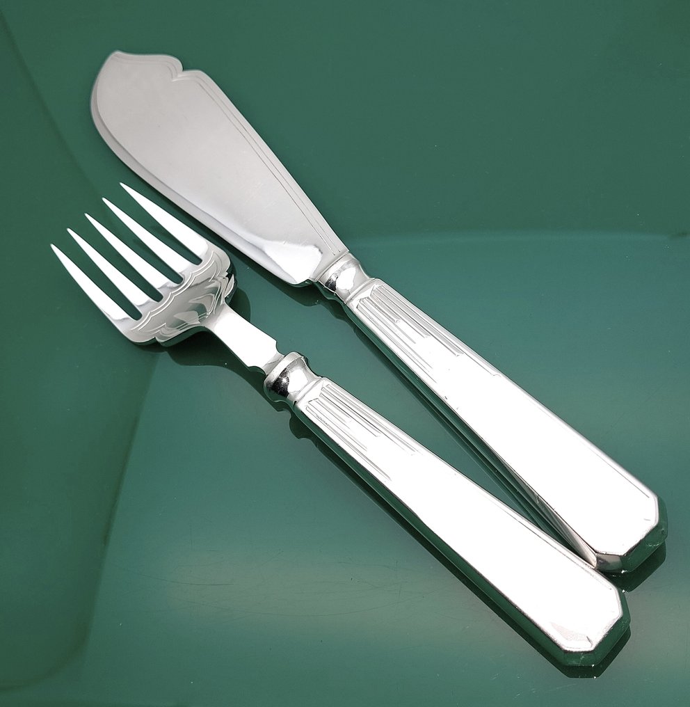 John Round of Sheffield - Fiskeserveringssett (2) - stor størrelse, Art Deco - Forsølvet #1.0