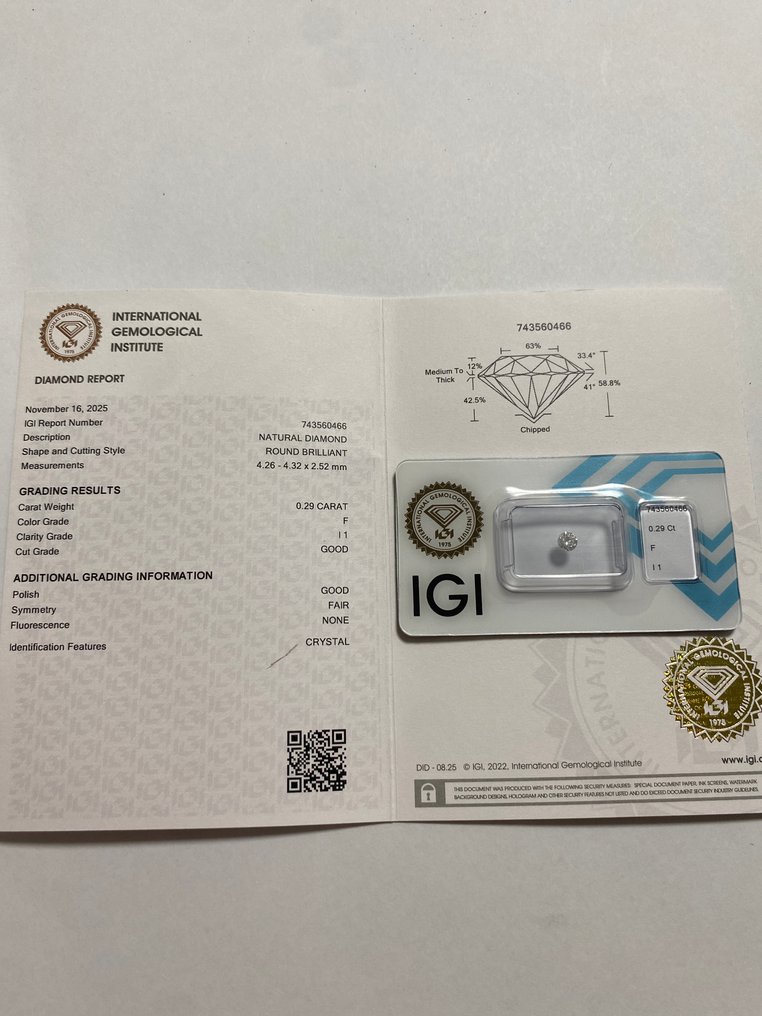 没有保留价 - 1 pcs 钻石  (天然)  - 0.29 ct - 圆形 - F - I1 内含一级 - 国际宝石研究院（IGI） #4.3