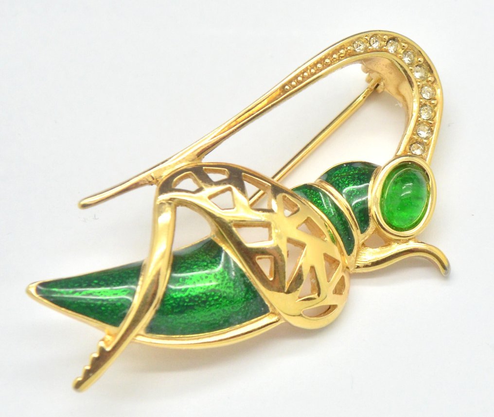 Christian Dior - Rare Vintage Green Enamel Poured Glass Goldtone Grasshopper - Brooch #1.0