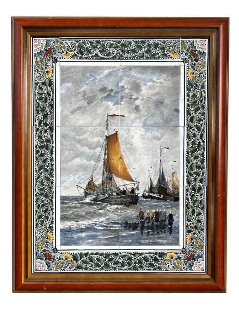 Piastrella - Pescatori sulla spiaggia di Scheveningen, pianoro di piastrelle. - Paul van Dort - 1980-1990 - verso H.W. Mesdag #1.0