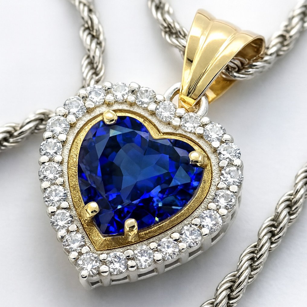 Sans prix de réserve - Collier avec pendentif - 18 carats Or jaune, Argent - 1.03ct. tw. Saphir - Diamant #4.3