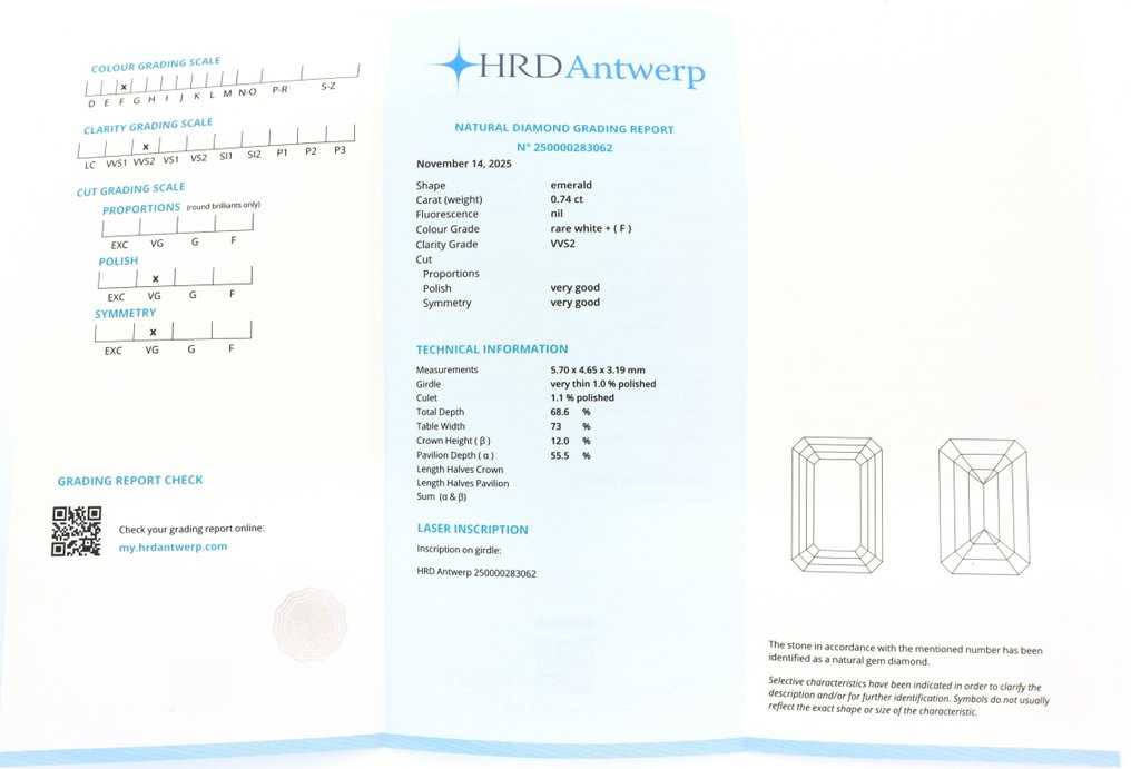 1 pcs Timantti  (Luonnollinen)  - 0.74 ct - Smaragdi - F - VVS2 - HRD Antwerpen #4.3
