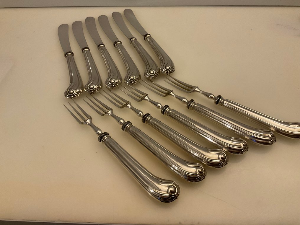 John Biggin Ltd - 餐具套装 (12) - 一套12把的纯银手柄、不锈钢刀片和叉子,配有套装盒 - 925纯银 #3.2