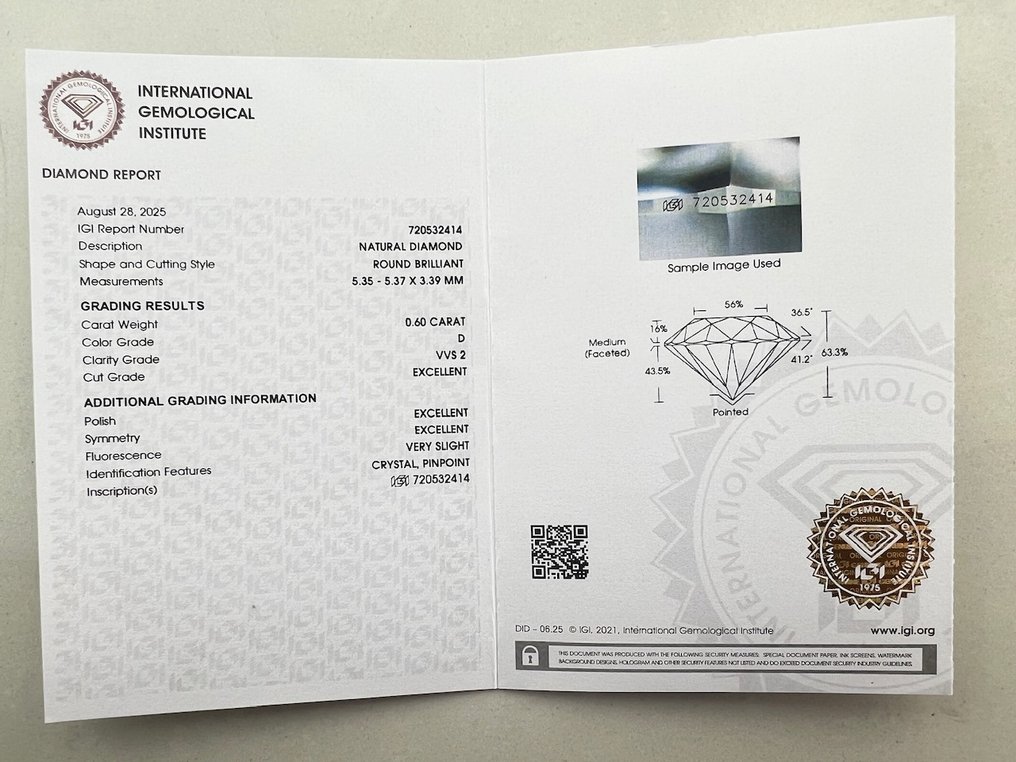 1 pcs 钻石  (天然)  - 0.60 ct - 圆形 - D (无色) - VVS2 极轻微内含二级 - 国际宝石研究院（IGI） #3.2