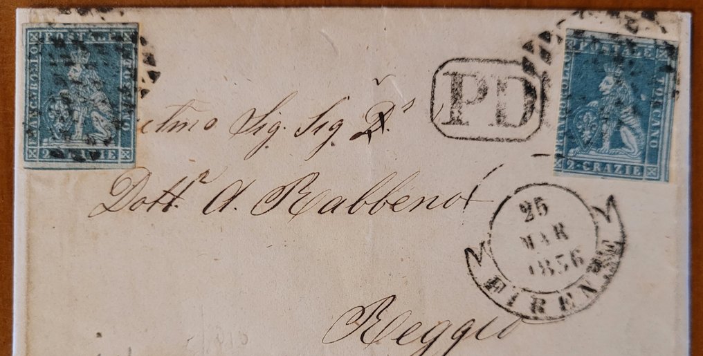 Αρχαία ιταλικά κράτη -  Τοσκάνη 1851 - 2 ανοιχτό γαλάζιο cr σε γκρι, δύο δείγματα για το Modena - Sassone N.5 #1.0