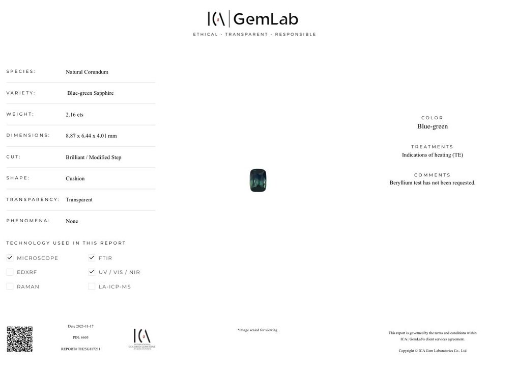1 pcs Albastru, Verde Safir - 2.16 ct - Asociația internațională de pietre prețioase colorate (ICA GemLab) #2.1