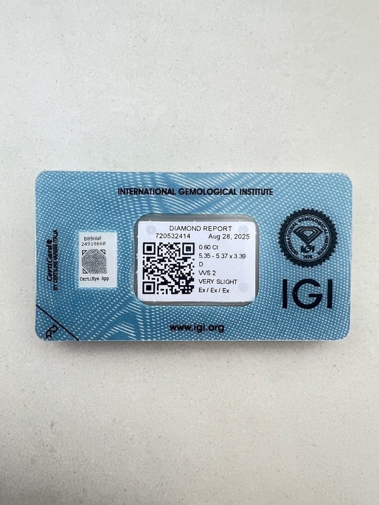 1 pcs 钻石  (天然)  - 0.60 ct - 圆形 - D (无色) - VVS2 极轻微内含二级 - 国际宝石研究院（IGI） #2.1
