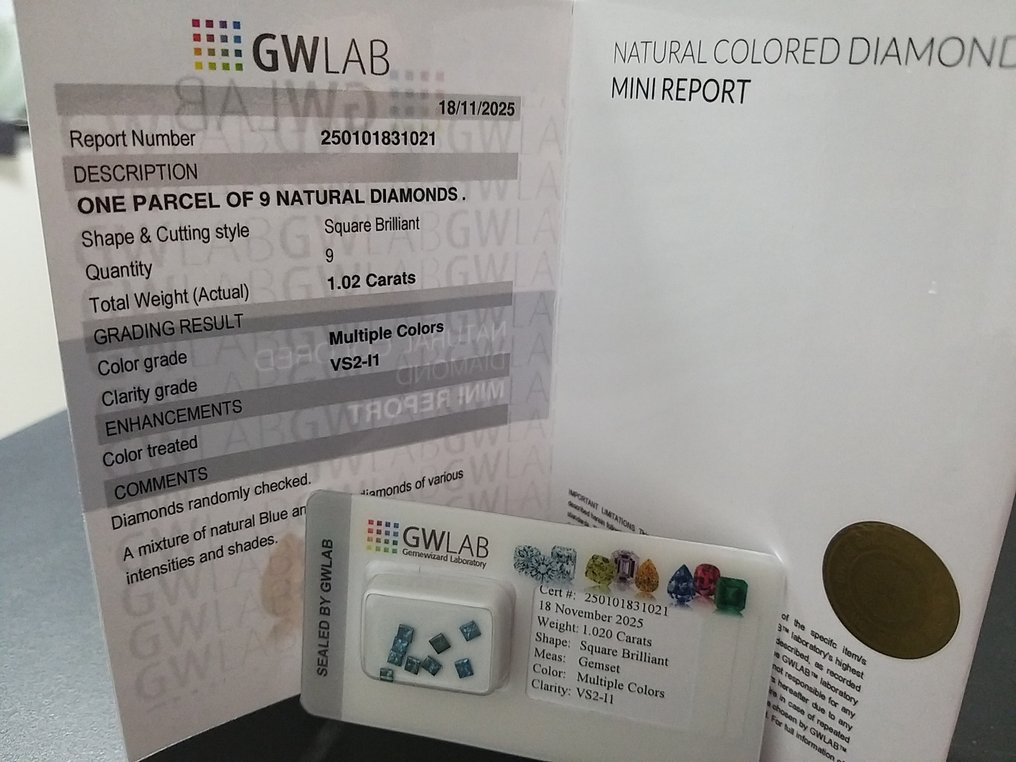 χωρίς τιμή ασφαλείας - 9 pcs Διαμάντι  (Επεξεργασμένου χρώματος)  - 1.02 ct - Τετράγωνο Μπλε, Πράσινο - VS2, I1 - Gemewizard Gemological Laboratory (GWLab) #3.2