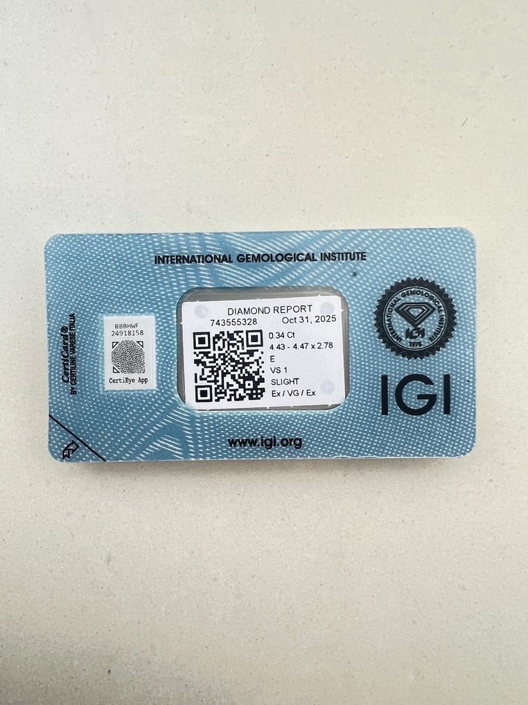 1 pcs 鑽石 (天然) - 0.34 ct - 圓形 - E(近乎完全無色) - VS1 - 國際寶石學院(International Gemological Institute (IGI)) #2.1