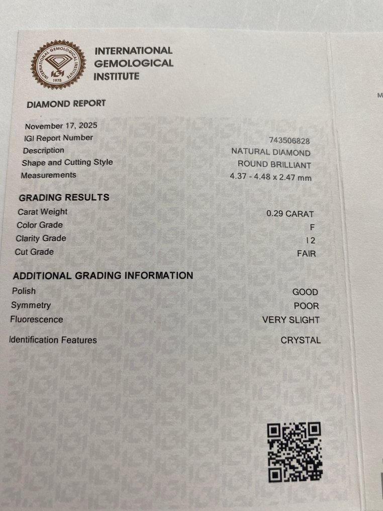 没有保留价 - 1 pcs 钻石  (天然)  - 0.29 ct - 圆形 - F - I2 内含二级 - 国际宝石研究院（IGI） #3.2